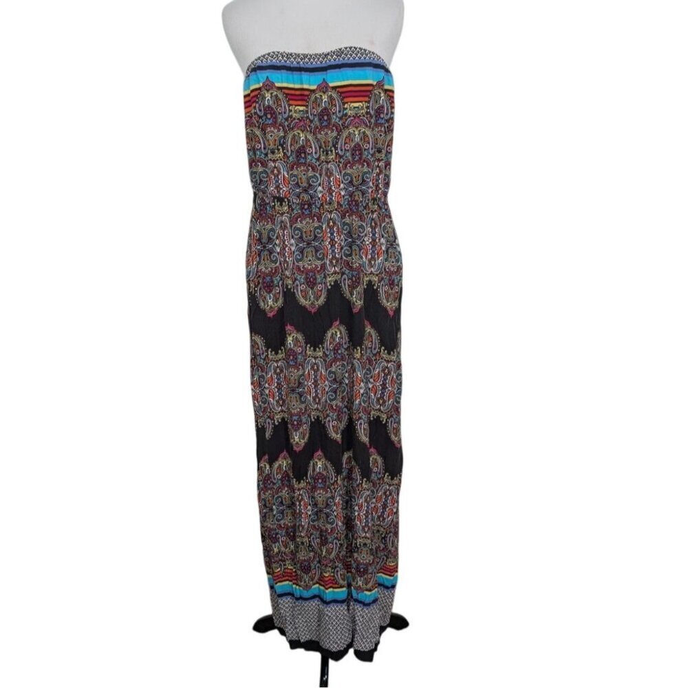 Cato Paisley Maxi Dress Womens Size Large Black Stripe Floral Strapless Long